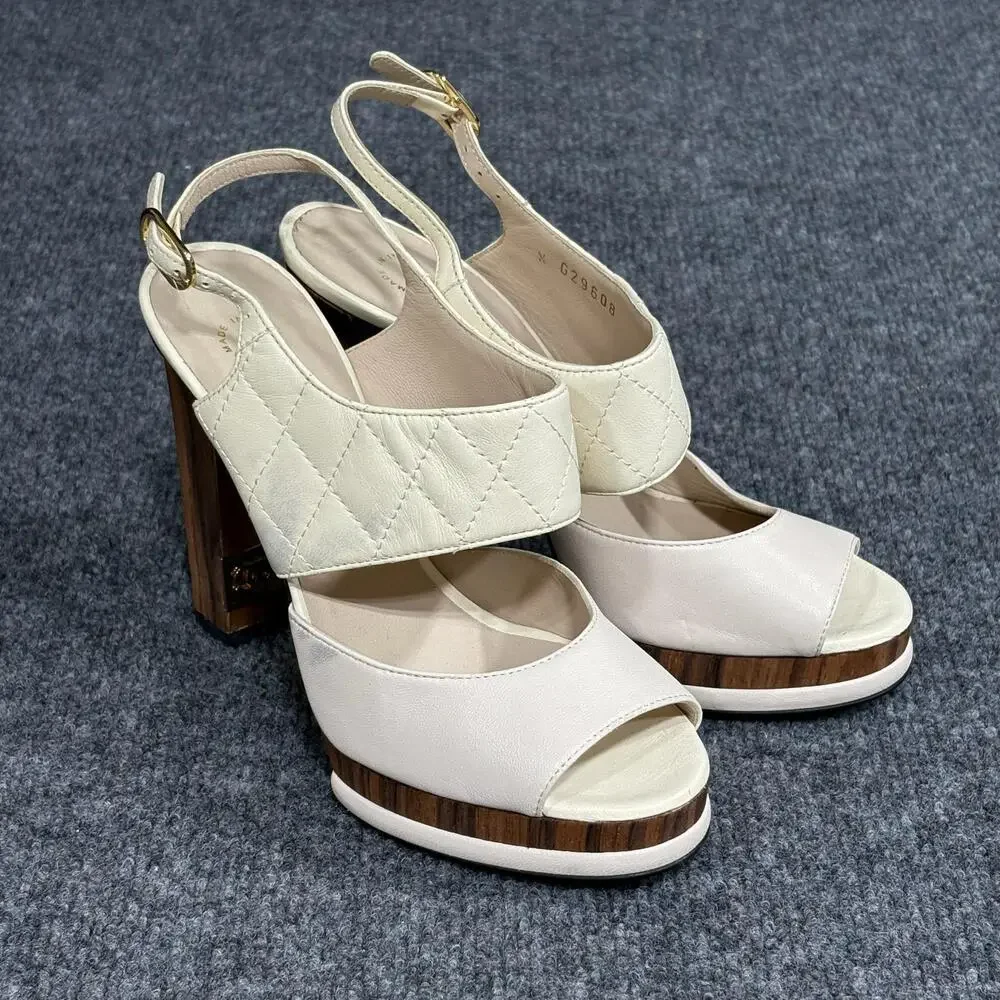 Chanel Platform Sandals Womens 36 White Matelasse Quilted Slingback Heel Italy
